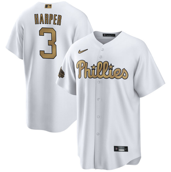 Men's Philadelphia Phillies #3 Bryce Harper 2022 All-Star White Cool Base Stitched Baseball Jersey Men's Philadelphia Phillies #3 Bryce Harper 2022 All-Star White Cool Base Stitched Baseball Jersey